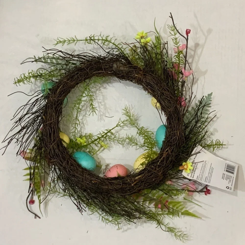 Spring Easter Egg Wreath 22” GrapeVine Stippled Pastel Eggs and Spring Flowers